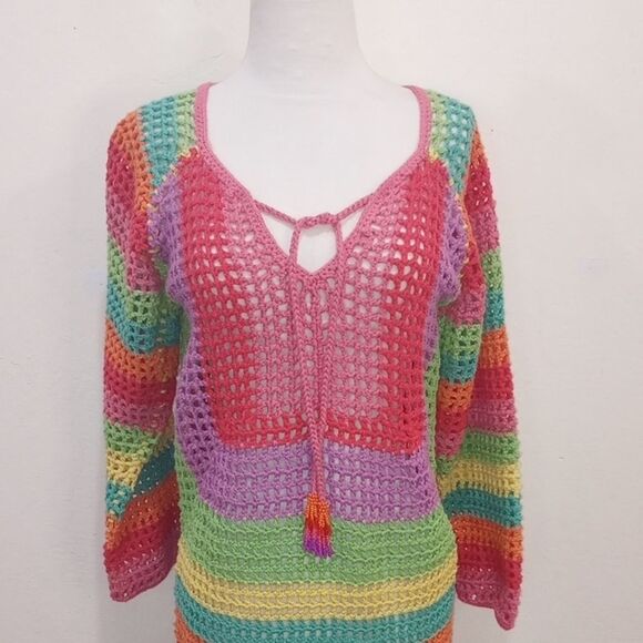 Farm Rio Colorful Rainbow Crochet Knit Dress - XS  **Missing Slip / Dress Only** - Picture 5 of 12